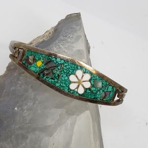 Vintage crushed stone abalone alpaca bracelet made in Mexico